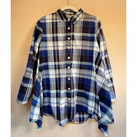 Tulip Womens Small Blue Button Up Plaid Swing Tunic Top Shirt Button-Back Casual - Picture 1 of 9